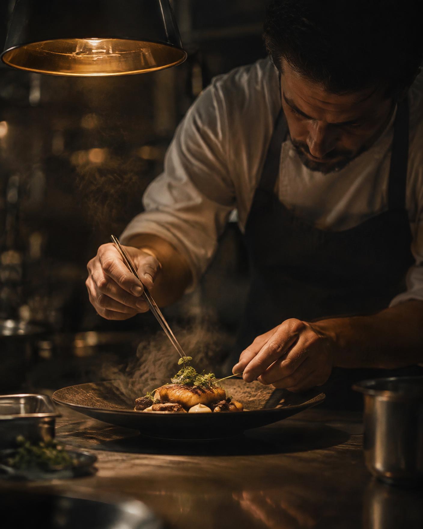 Chef finishing a dish in the Gurmanai open kitchen