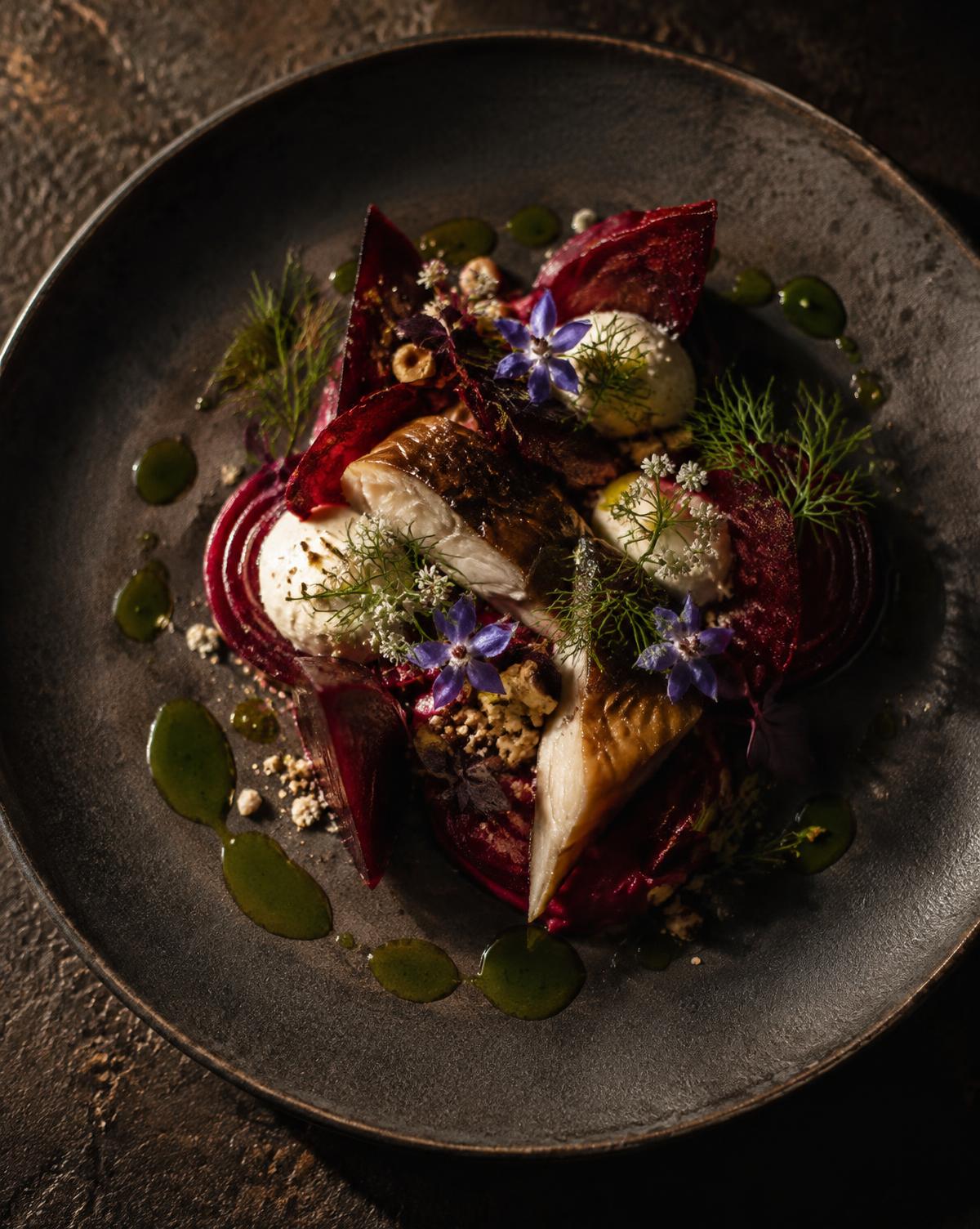 Smoked eel with beetroot and dill oil