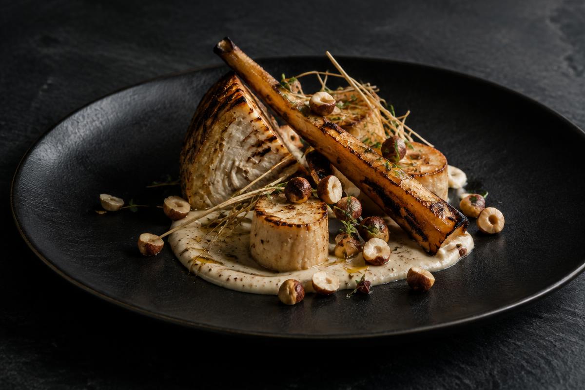 Hearth roots, hay cream, hazelnut